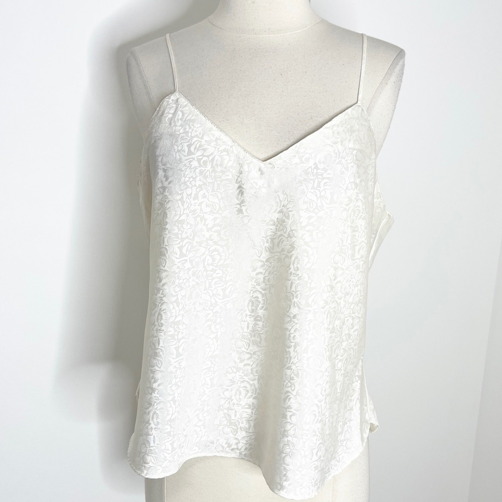 Vintage White Floral Satin Brocade Camisole V-Neck Tank Top Large Coquette 90s